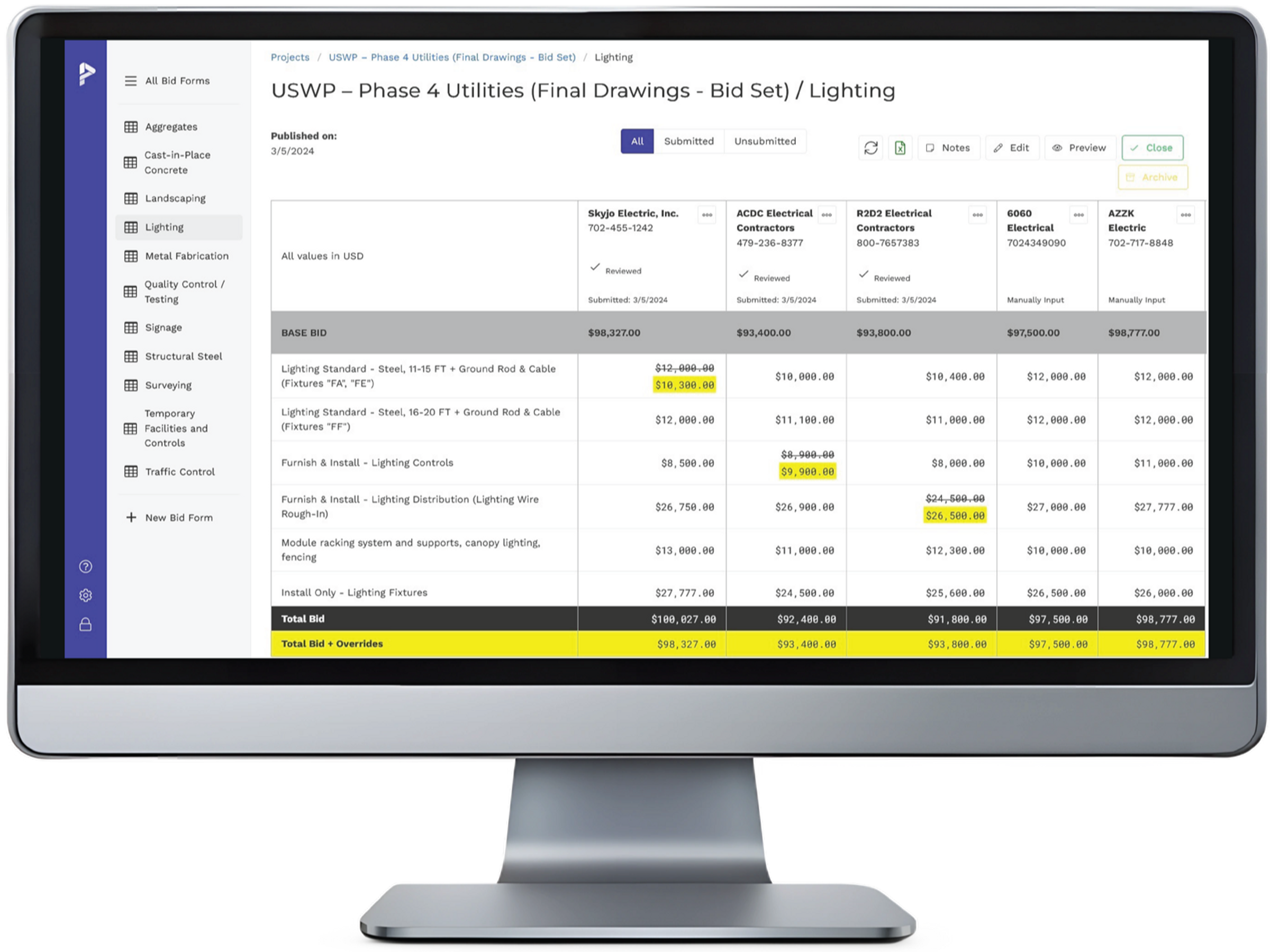 PreconTabs - Bid Tabulation & Bid Leveling