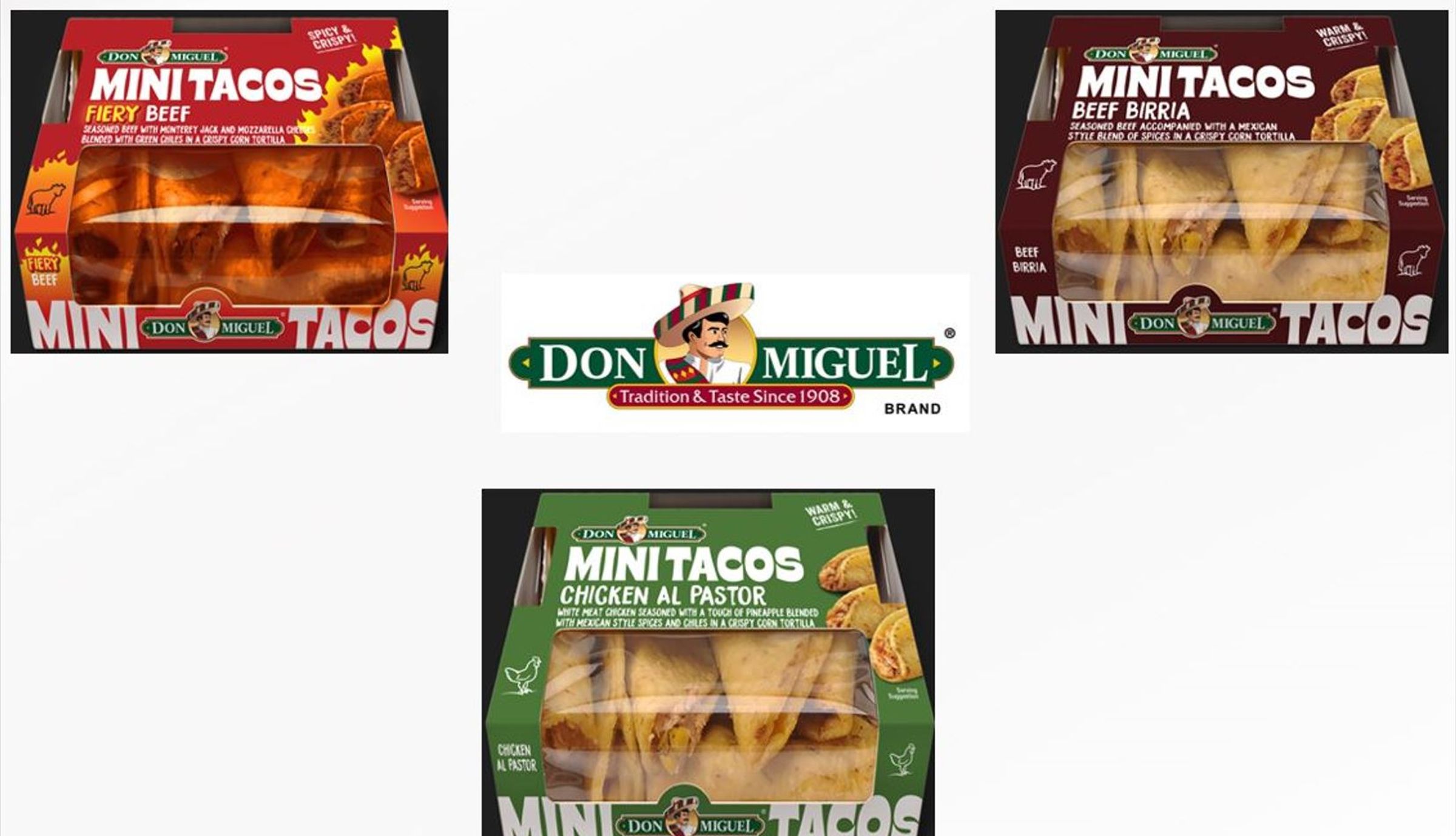 DON MIGUEL Beef Birria, Fiery Red & Chicken al Pastor Mini Tacos