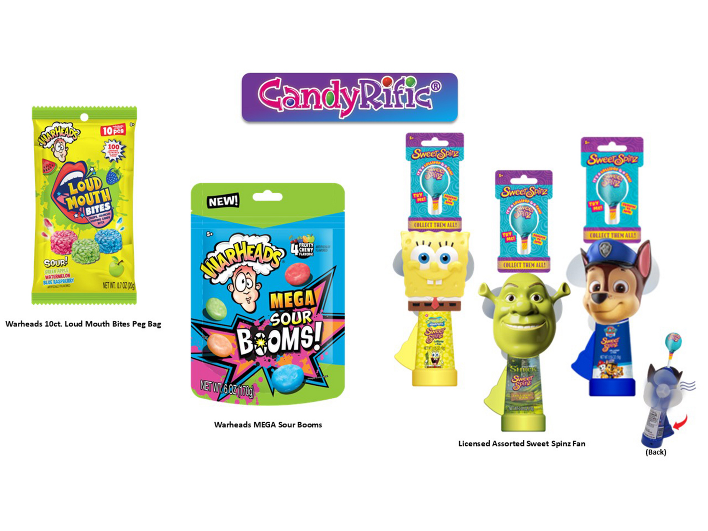 CandyRific Loud Mouth Bites, MEGA Sour Booms and Sweet Spinz