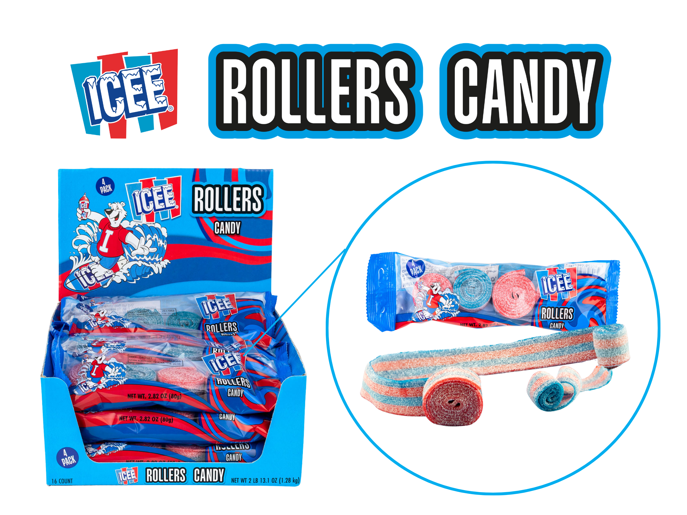 ICEE Rollers Candy - 4 Pack - Cherry & Blue Raspberry Belts