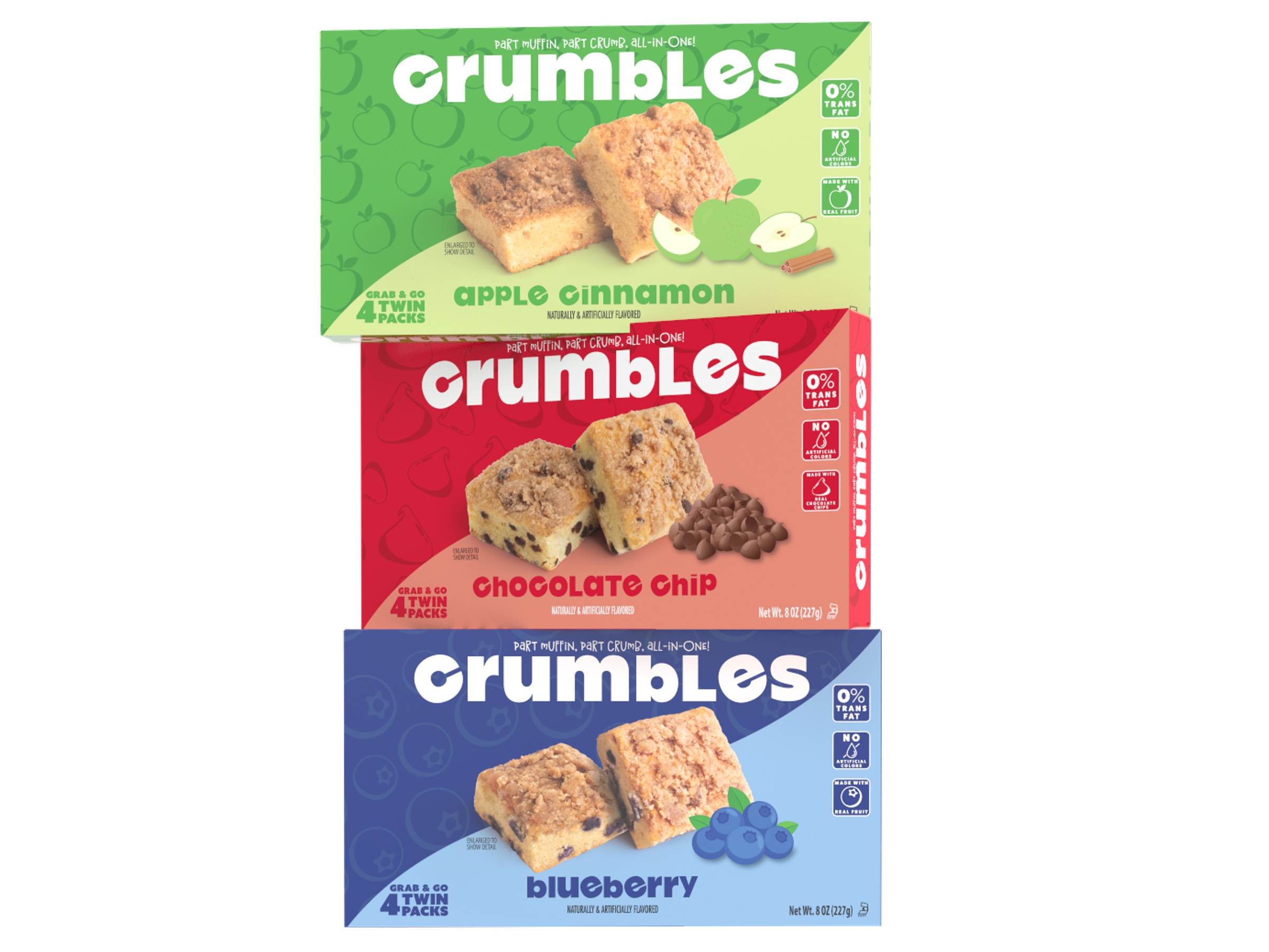 Crumbles Apple Cinnamon, Chocolate Chip, and Blueberry