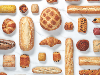 Bridor Selection of croissants, pastries, bread rolls, baguettes.