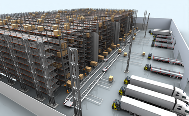 3D model of a warehouse in Autodesk FlexSim.