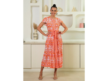 Coral Blossom Tie-Up Midi Dress