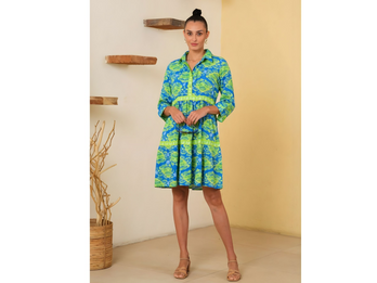 Bold Tropical Print Tiered Shirt Dress – Blue & Lime