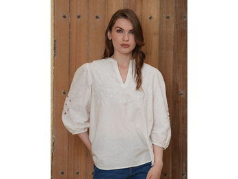 Ivory Bloom Embroidered Puff-Sleeve Top