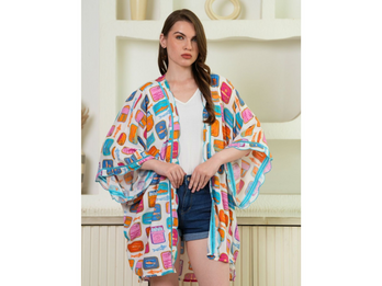 White Multicolor Graphic Print Kimono