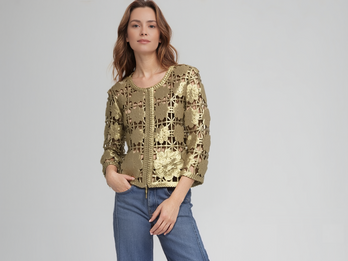 Foil print soutache short jacket with zip front