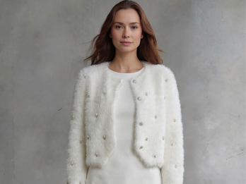 Fluffy Bolero with Pearls and Dimond Trim