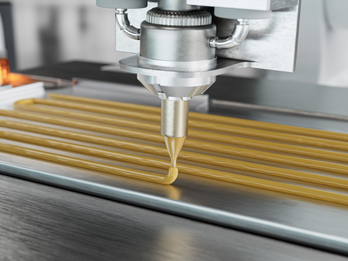 Adhesive being dispensed for battery tray bonding